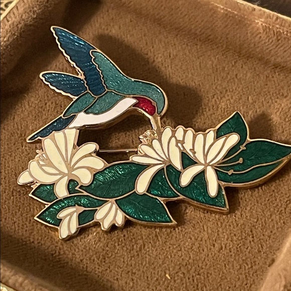 Vintage Fish Enterprises Cloisonné Style Hummingbird & Flower Enamel Brooch - Picture 3 of 5